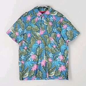Birdie Bound Golf Polo Large Blue Tropical Plumeria Aloha Performance